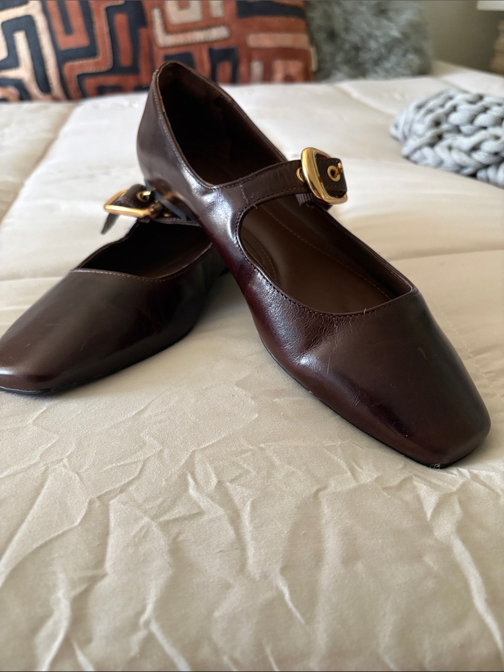 Classic Mary Jane Flats in Dark Brown with Gold Buckle - Picture 1 of 7